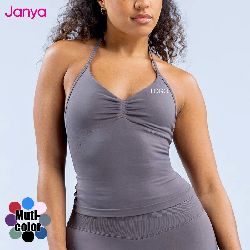 Janya Women's High Elastic Workout Running Vest Halter Neck Sleeveless Gym Fitness Sports Top Seamless Yoga Tank Top
