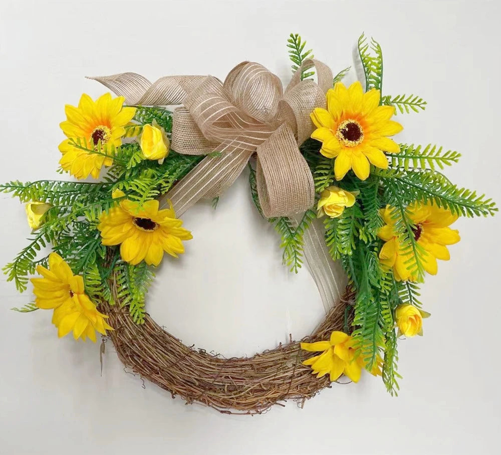Boutique Ribbon Bow Fall Birthday Flower Home Wall Hanging Decoration Polyester Rattan PVC Modern