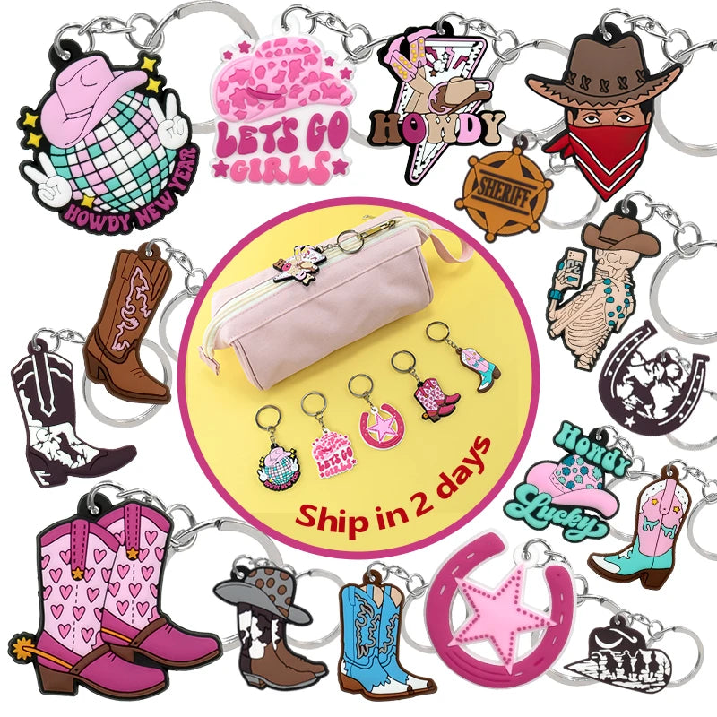 Low MOQ Products One Piece Custom Cowboy Hat Boot PVC Keychain Set Fashion Western Accessories Trendy Bag Charms in Bulk