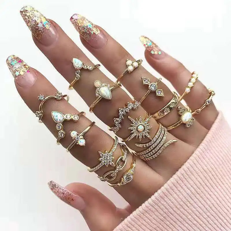 Stackable Dainty  Boho Rhinestones Rings Set  Bohemian Rings Set Beach  Vacation Summer Jewelry Knuckle Rings Tribal Accessory