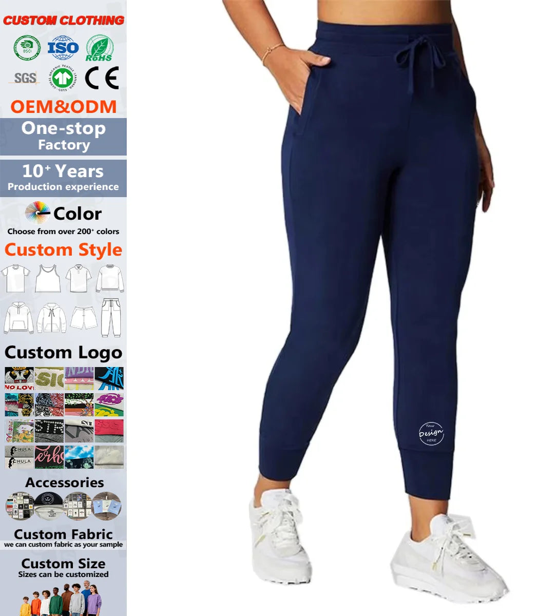 OEM Custom Logo High Waisted Drawstring Skinny Fit Running Jogger Yoga Sport Wear Pant Ladies Leggings With Side Pockets