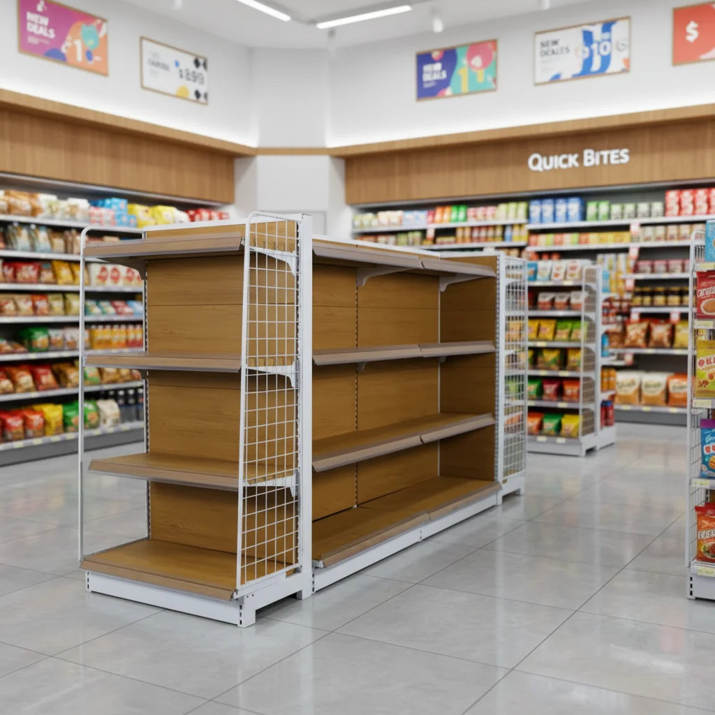 Heavy Duty Single-Sided Metallic Display Rack Solid Shelves Epoxy Powder Coating for Supermarkets Retail Stores (Freestanding)