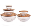 Eco-friendly Classic Glass Salad Bowl Set with Acacia Wood Lids Crackle Glaze Finish 5-Piece Camping Dinnerware for Food Storage