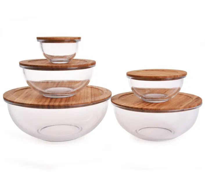 Eco-friendly Classic Glass Salad Bowl Set with Acacia Wood Lids Crackle Glaze Finish 5-Piece Camping Dinnerware for Food Storage