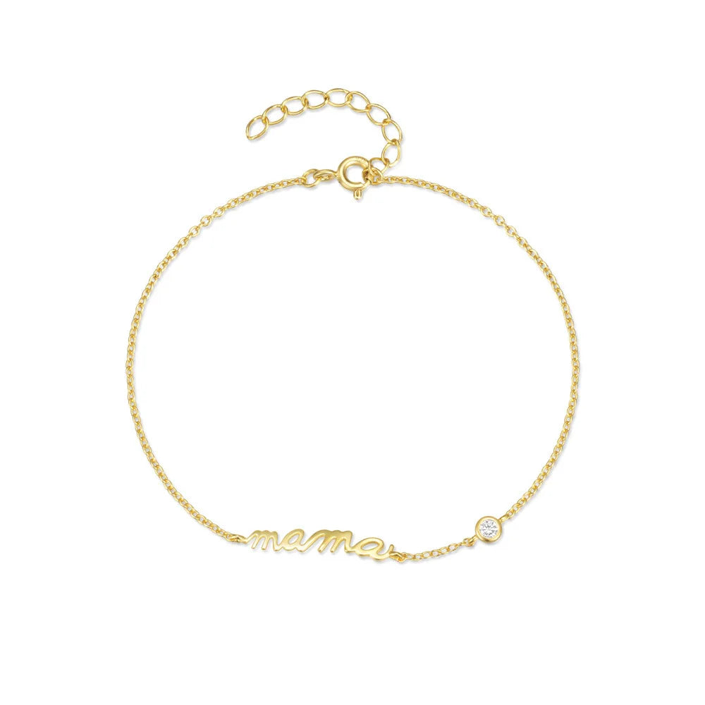 Fashion Jewelry 925 Sterling Silver Bracelets Letter MAMA Round Zircon Gold Plated Bracelets Women Mother's Day Gift
