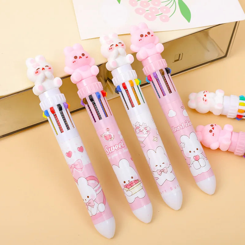 School Stationery Supplies Cartoon Pink Rabbit Printing Multi 10 Color Ball Pen for Kids