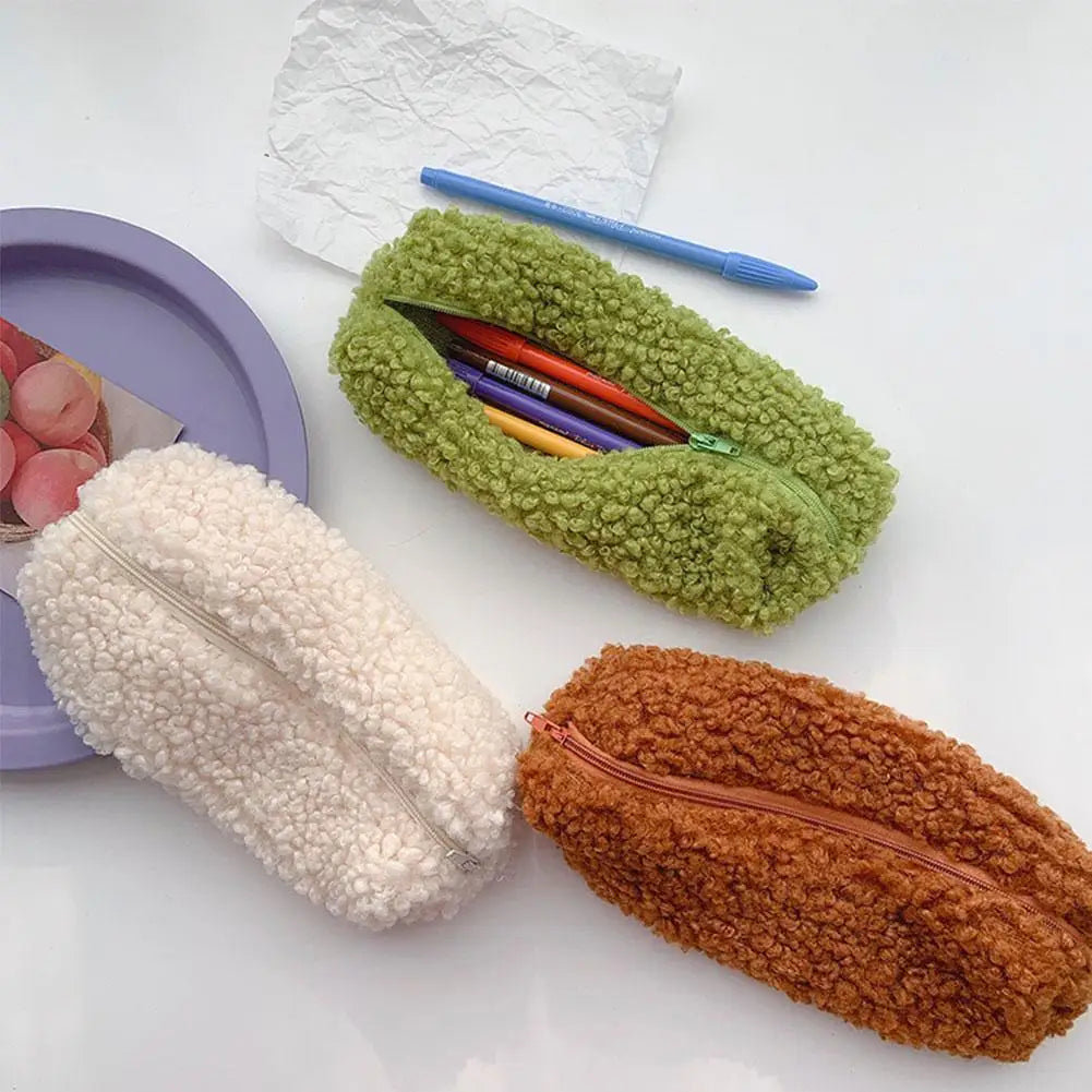 Solid Color Lambswool Pencil Case Pen Pouch Plush Kawaii Zipper Bags Cosmetic Make up Organizer Pouch School Office Stationery
