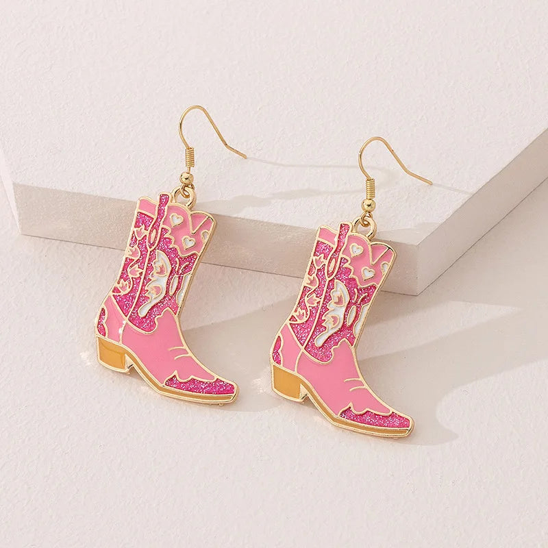 Western Cowboy Style Boots Pendant Earrings Fashion Personalized Glitter Pink Butterfly Pattern High Heels Women Hook Earrings