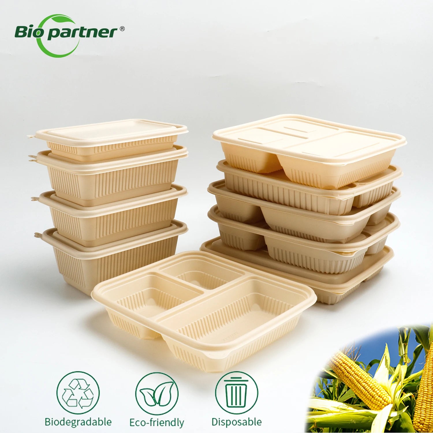 2 Compartment Disposable Biodegradable Rice Box Packaging PP Lunch Box Corn Starch Customizable To-Go Food Container with Lid
