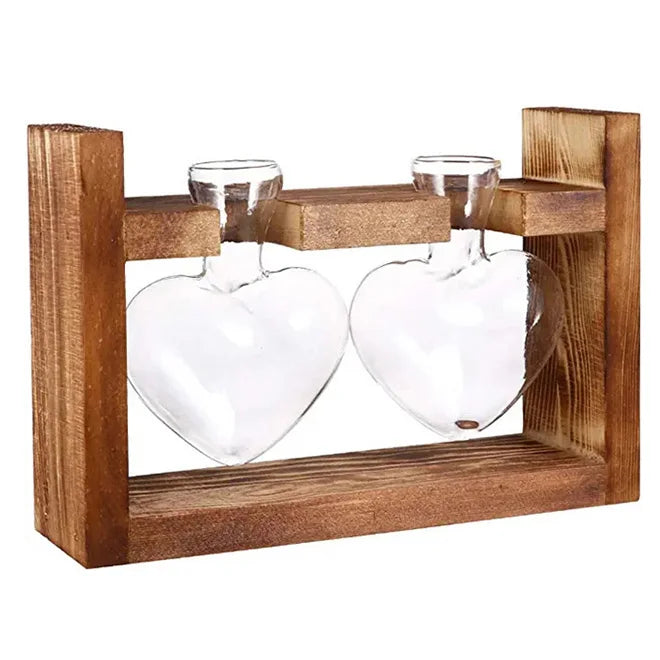 Hot Glass Propagation Station with Wooden Rack Stand Heart-Shaped Vase for Flowers and Terrarium Jar Planter for Home Garden