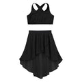 Kids Girls Sleeveless U Neck Cross Rear Crop Top  High-Low Elastic Waistband Skirt Set for Dance Performance