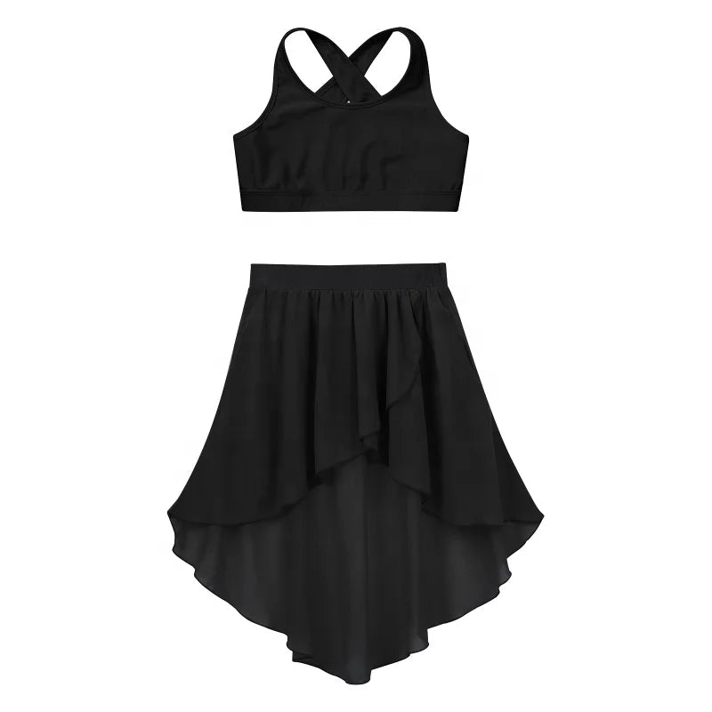 Kids Girls Sleeveless U Neck Cross Rear Crop Top  High-Low Elastic Waistband Skirt Set for Dance Performance