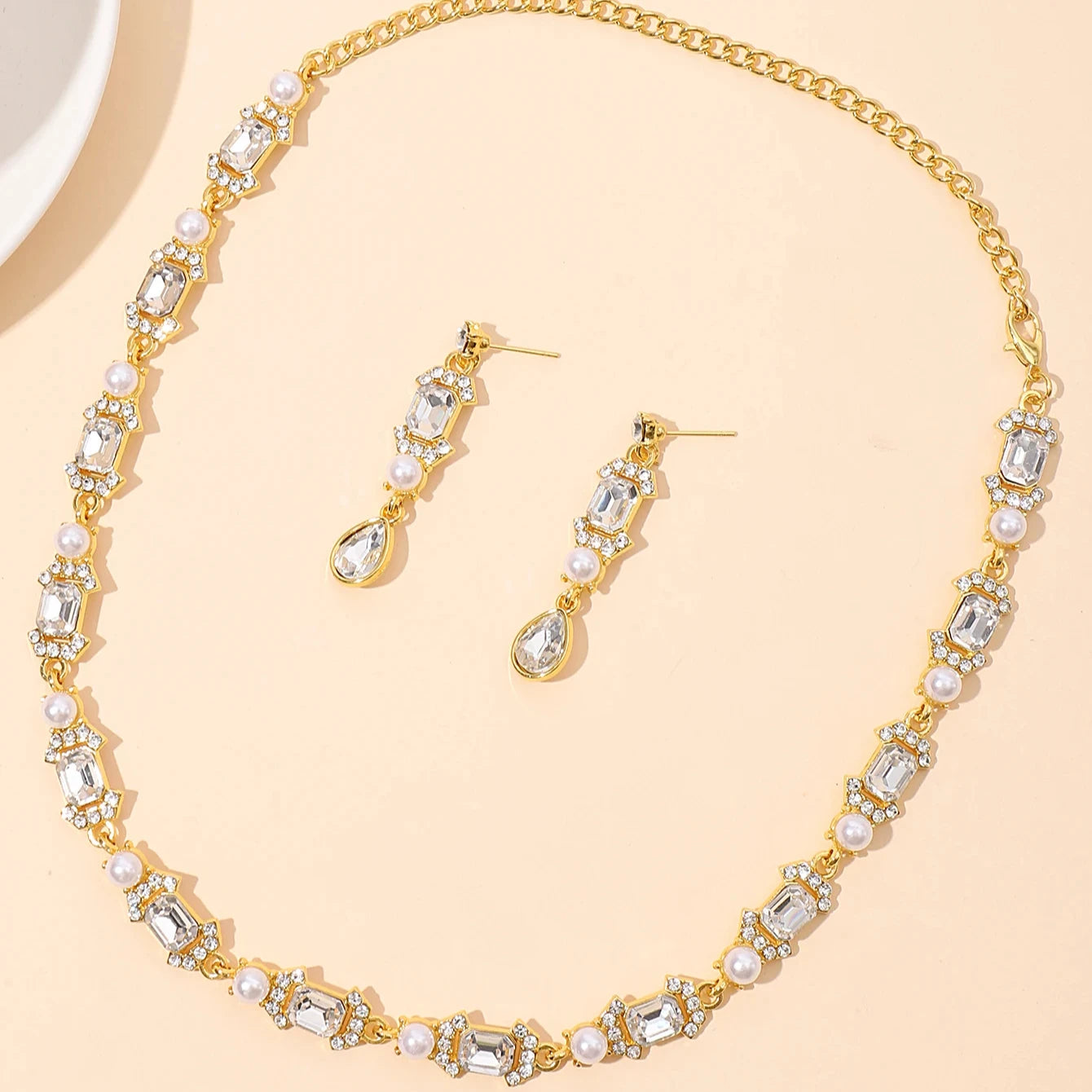 Fashion Bride Statement Choker Wedding Accessories Diamond Pearl Necklace Earrings Set for Woman