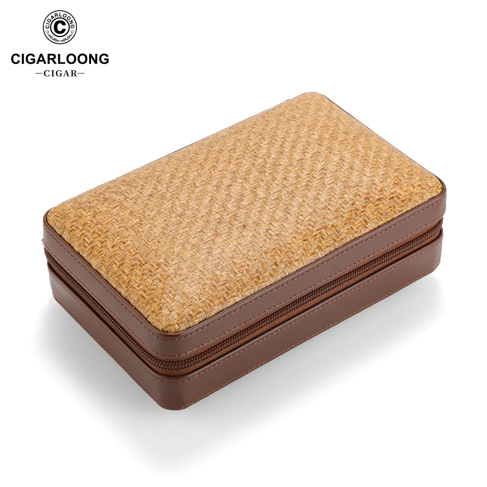 CIGARLOONG Vintage Woven Texture Cedar Lined 4-pack Capacity Portable Cigar Humidor with Lighter and Cigar Cutter