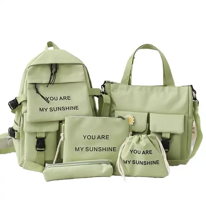 Custom logo Fashionable Large-Capacity Candy Color Travel 5-Piece Sets for Campus Students Canvas Tote or Messenger Backpack