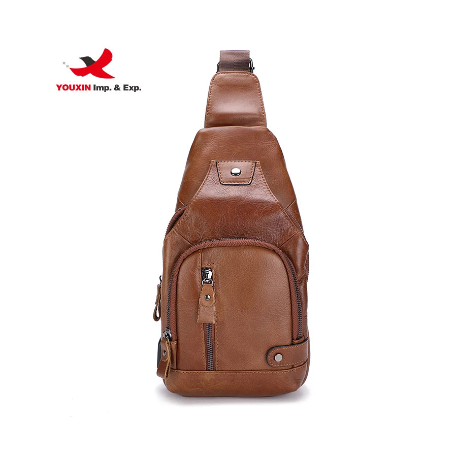 Genuine Leather Chest Bag Travel Custom Logo One Shoulder Crossbody Waterproof USB Sling Bag