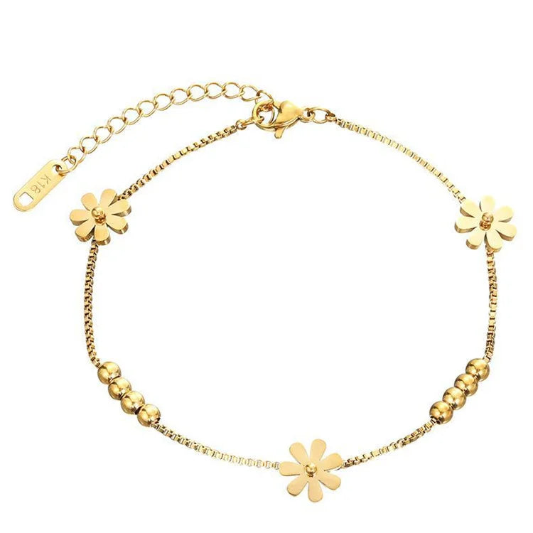 Wholesale New Titanium Steel 18k Gold Plated Dainty Charms Luxury Fine Jewelry Anklet Daisy Beans Anklet