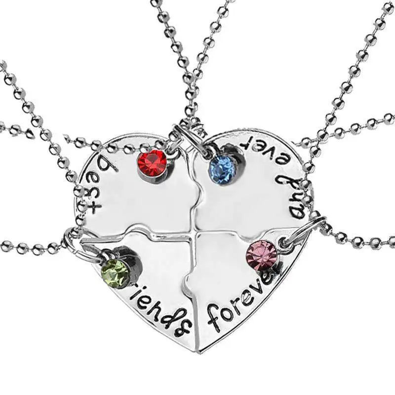 RisingMoon Best Friends Forever Love Patchwork Necklace Crystal Friendship Chain 4 Pendant Necklace