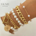2022 Fashion Women Jewelry Gold Plated Cuban Link Chain Pearl Bracelet Bangle Set