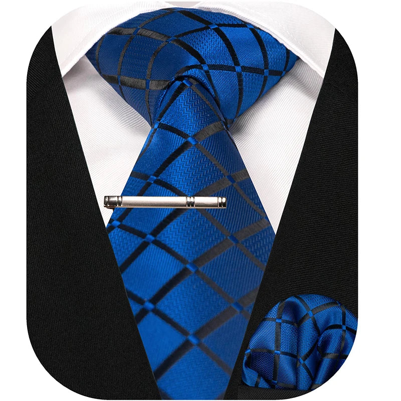 Designer Classic Plaid Ties Men Silk Ties Set Woven 8cm Necktie and Pocket Square Tie Clip Sets Formal Business Wedding