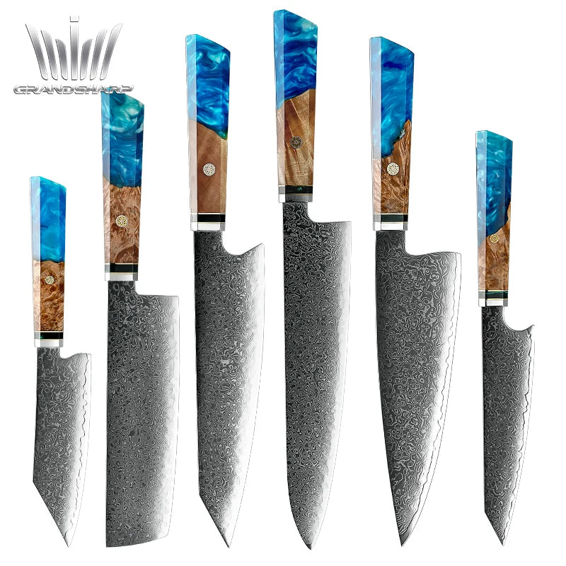 Grandsharp Resin Handle Damascus Steel Sharp Blade Japanese Messer Butcher Cutting Chopping Cuchillos Chef Kitchen Knives Set