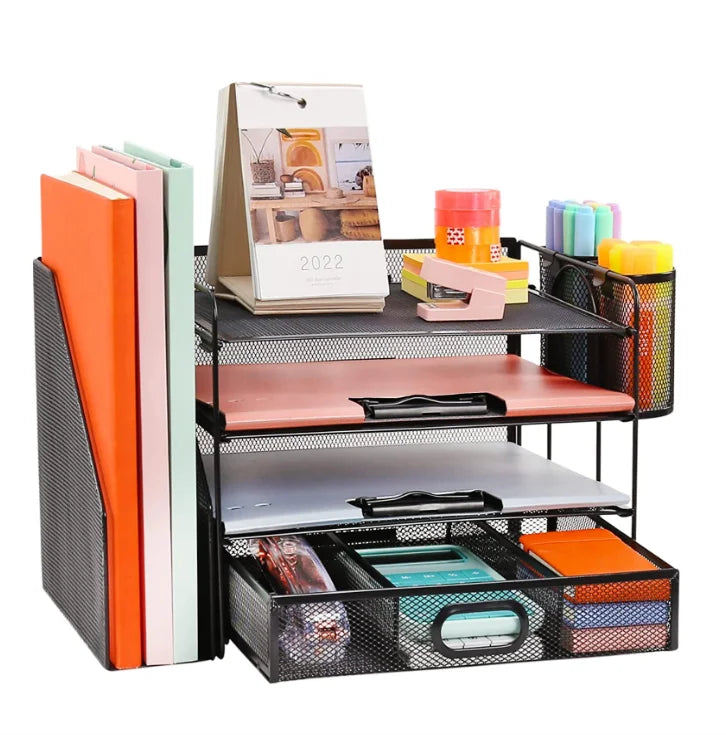 4 Tier Desk Organizer Storage with Vertical Mesh File Racks Paper Letter Tray Office Organization with Drawer and Pen Holder