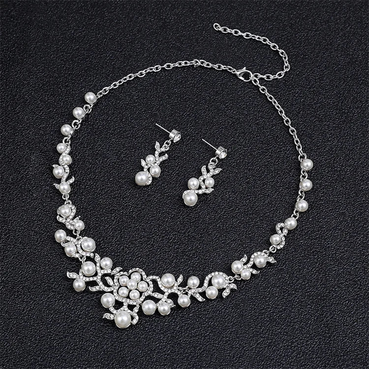 Wholesale Two Piece Korean Pearl Diamond Necklace Earring Bridal Wedding Accessories Fashion Jewelry Set