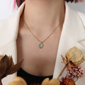 Women'S 18K Gold Plated Stainless Steel Stone Choker Necklace Oval Blue Sapphire Natural Jade Stone Pendant Necklace