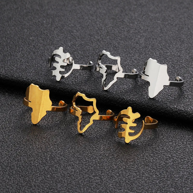 Hot Style Stainless Steel Ethnic Cultural Punk Vintage Adjustable Glossy Gold Africa Map Open Rings