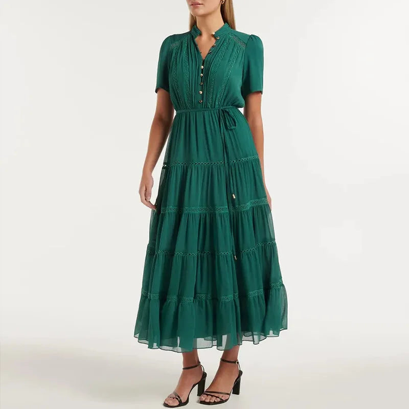 2023 Spring Summer New Solid Color Woven Natural Waist Slimming Eco-Friendly Breathable Washable Stitching V-neck Short-sleeved