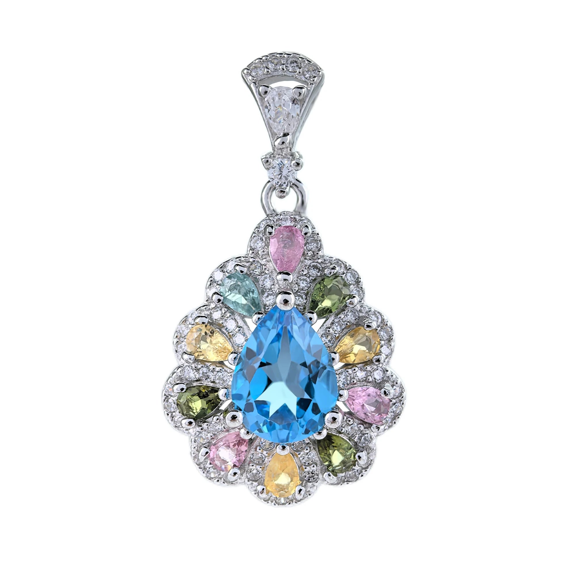 Exquisite Rhodium Plated Silver 925 Jewelry Natural Swiss Blue Topaz Flower Pendant for Women Fine Pendants