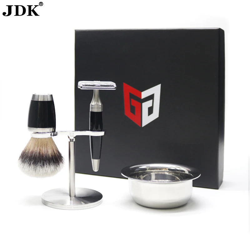 Private Label Stainless Steel Bowl Groom Shaving Kit Men Brush Set with Synthetic Hair and Silvertip Badger
