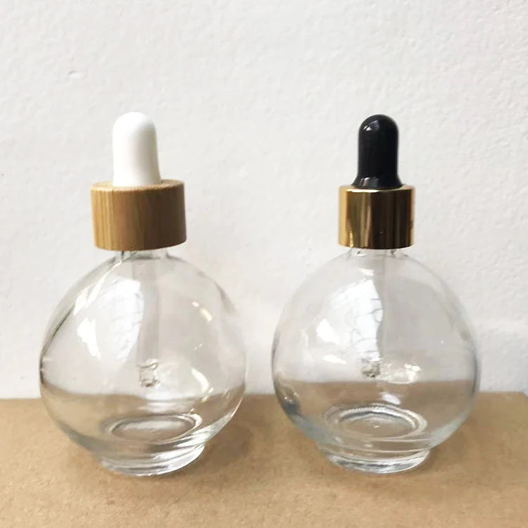 Wholesale Empty 75ml Round Ball Serum Glass Dropper Bottle with Bamboo Dropper Lid for Cosmetic Hair Essential Oil
