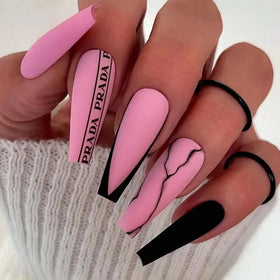 Hot Sale Top Quality Easy Apply Nail Supplies Artificial Fingernails Marble Matte pink Black Press on Nails Custom