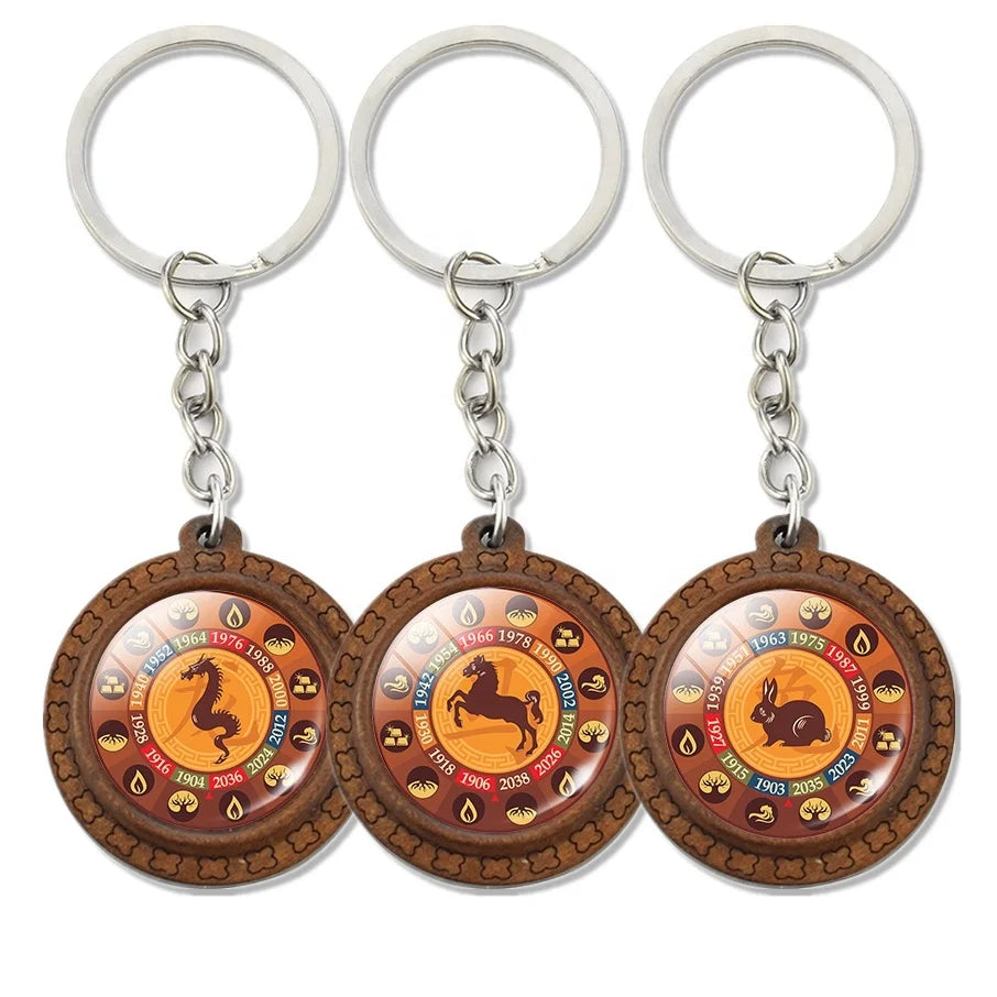 Chinese Characters and 12 Zodiac Animals Key Chains Vintage Wood Jewelry Handmade Glass Dome Keyring 12 Chinese Zodiac Keychain