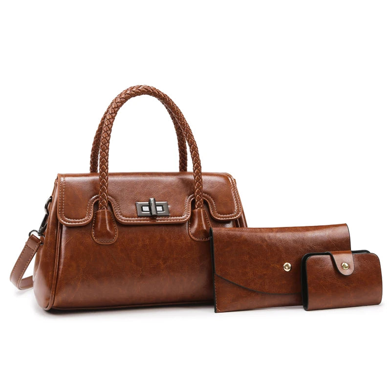 Luxury Top Quality Guangzhou Women Hand Bags Retro Elegant Ladies Woven Handle 3 Piece Handbag Set
