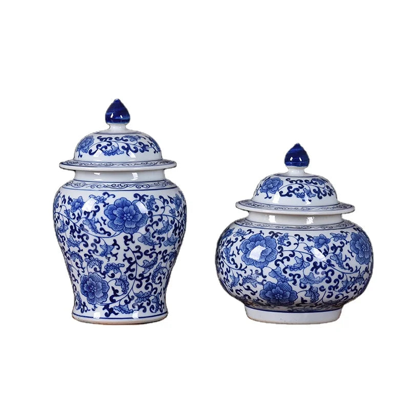 Handmade Art Deco Blue and White Porcelain/Ceramic Floor Vase with Cover for Home Restaurant & Hotel Living Room Decoration