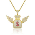 Trendy Gold Plated Brass Hip Hop Rapper Iced Out Angel Wing US Dollar Sign Money Bag Pendant Necklace with Link Chain for Men