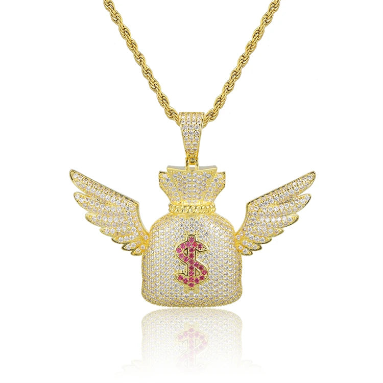 Trendy Gold Plated Brass Hip Hop Rapper Iced Out Angel Wing US Dollar Sign Money Bag Pendant Necklace with Link Chain for Men