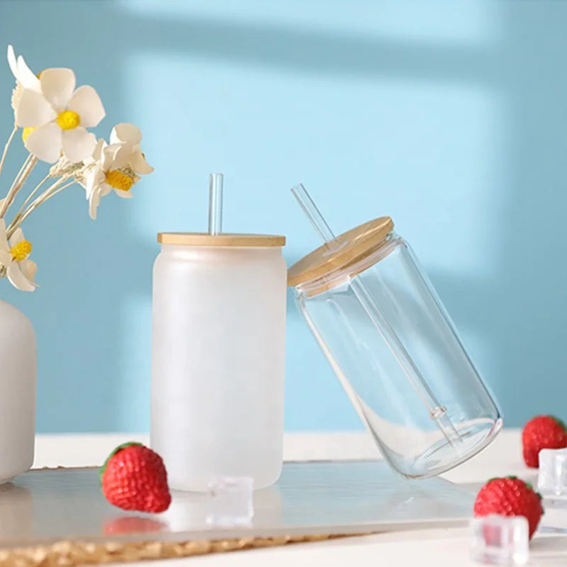 Custom 300ML 500ML Tea Coffee Drinking Tumbler Mugs Glass Can Sublimation Blanks Frosted Clear Beer Glass Cup with Lid and Straw