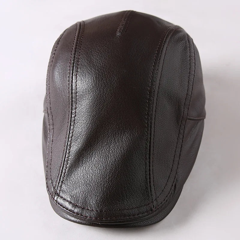 X1752   Genuine Leather Hats  Sheep Skin Leather Caps Men Autumn Winter Beret Hat Real Skin Baker Boy Hat