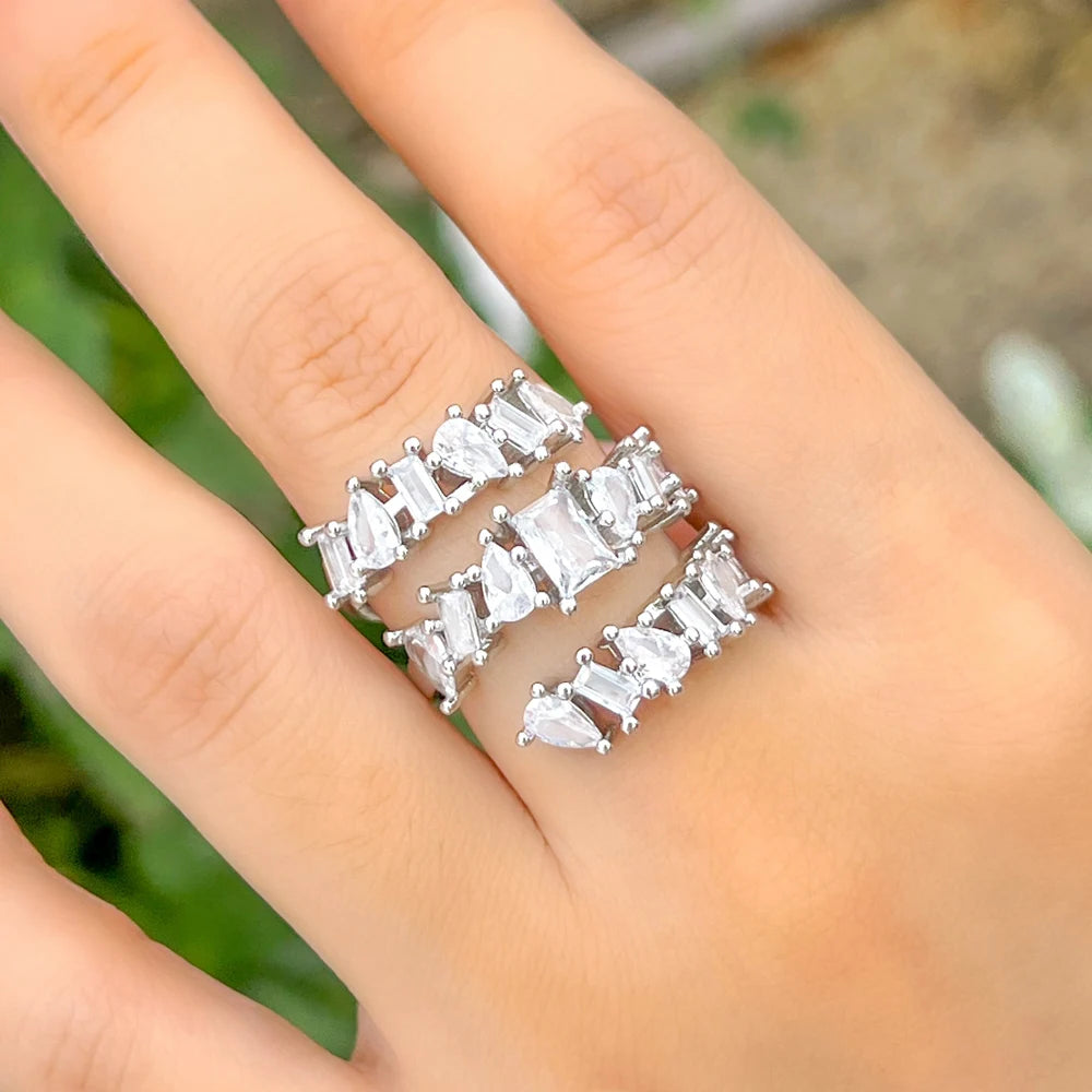 3A Grade Quality Gold Color Shiny White Cubic Zirconia Wedding Engagement Statement Big Adjustable Resizable Ring for Women