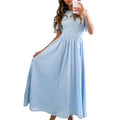 10% OFF  S-XL Summer Women's Short Sleeve Ruched Long Flowy Midi Dress Crew Neck Striped Dress