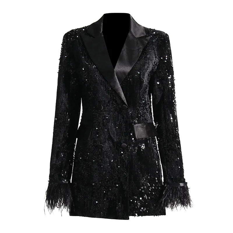 A7418 New Arrival Fashionable Modern Black Sequin Women Casual  Clothing Long-sleeve Feathers Coat  blazer