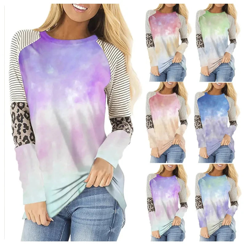 Wholesale Tie Dye Shirts Causal Patchwork t Shirt Long Sleeve Shirts for Women Plus Size Blouse