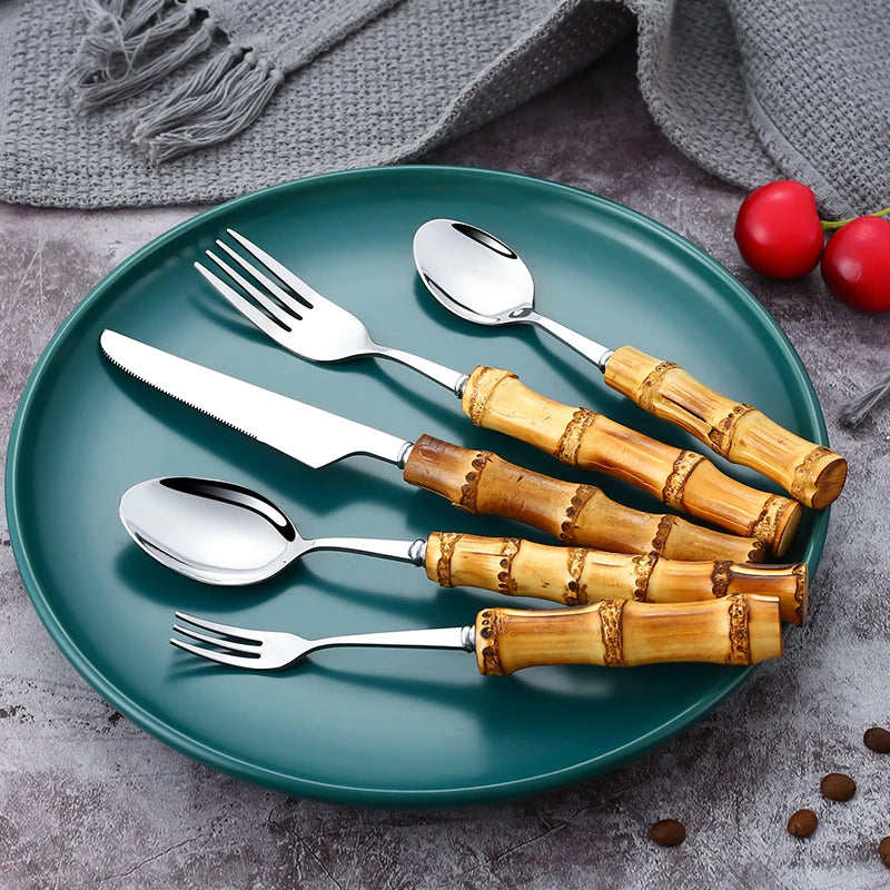 100% Reusable Natural Bamboo Handle Cutlery Set 5pcs Stainless Steel Silverware for Camping