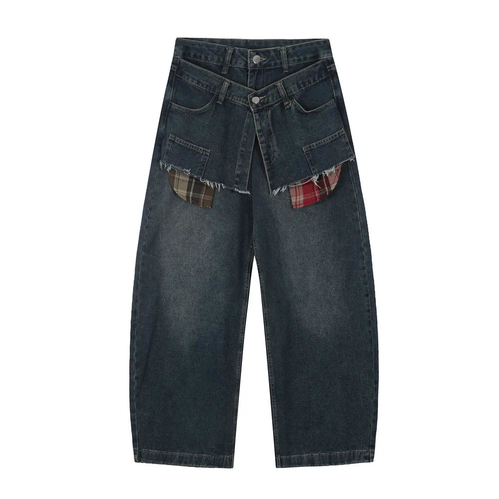 Hidden two-piece pocket Designer Men's Jeans Vintage Oversize Pants Fashion High Street Stone Wash Loose Wide-leg Blue Men Jeans