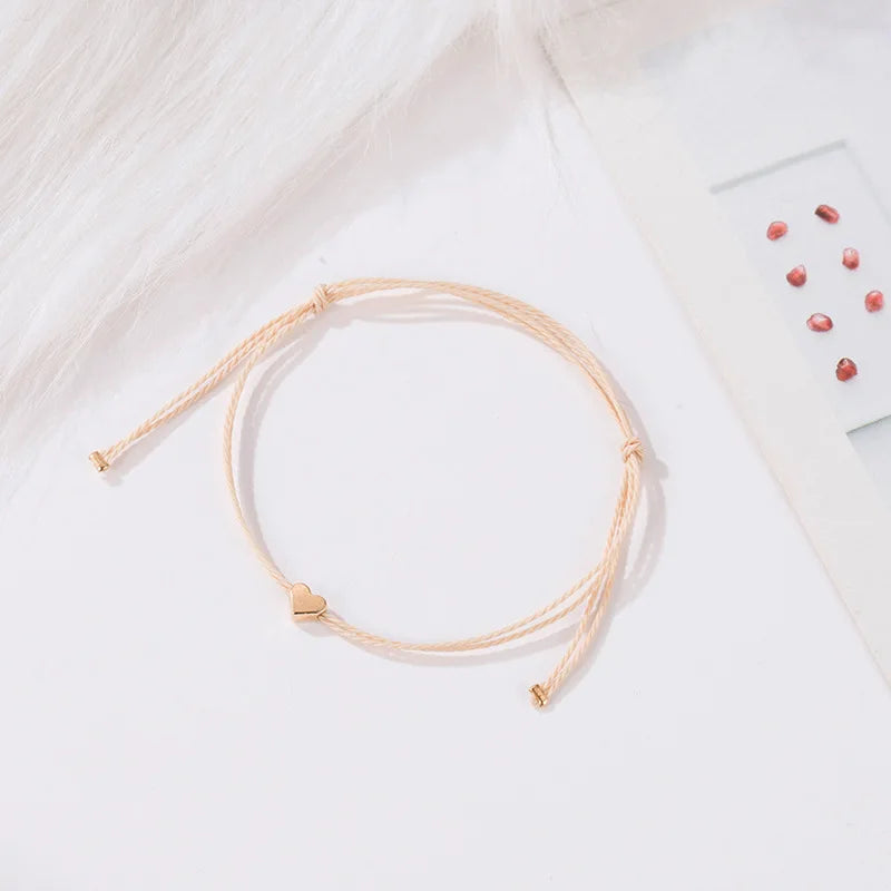 Fashion Simple Heart Charm Bracelet Handmade Adjustable Peach Rope Bracelet for Women