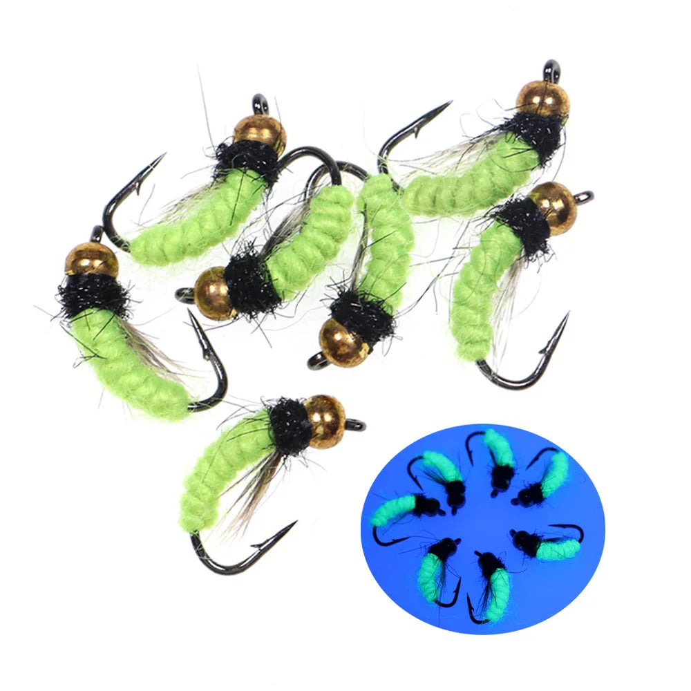 Artificial Insect Bait Lure  Fluorescent Nymph Scud Bug Worm Fly UV Brass Bead Head Wet FliesTrout Grayling Fly Fishing Bait