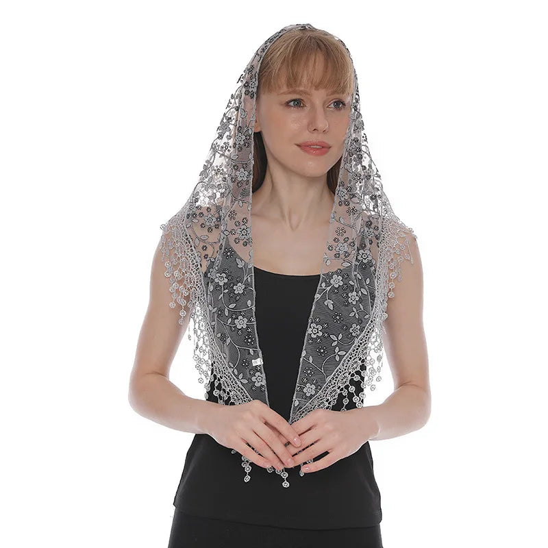 Luxury Muslim Ethnic Lace Embroidery Breathable Black Ladies Triangular Veil Bandanas for Hijabs Floral Head Wraps Four Seasons